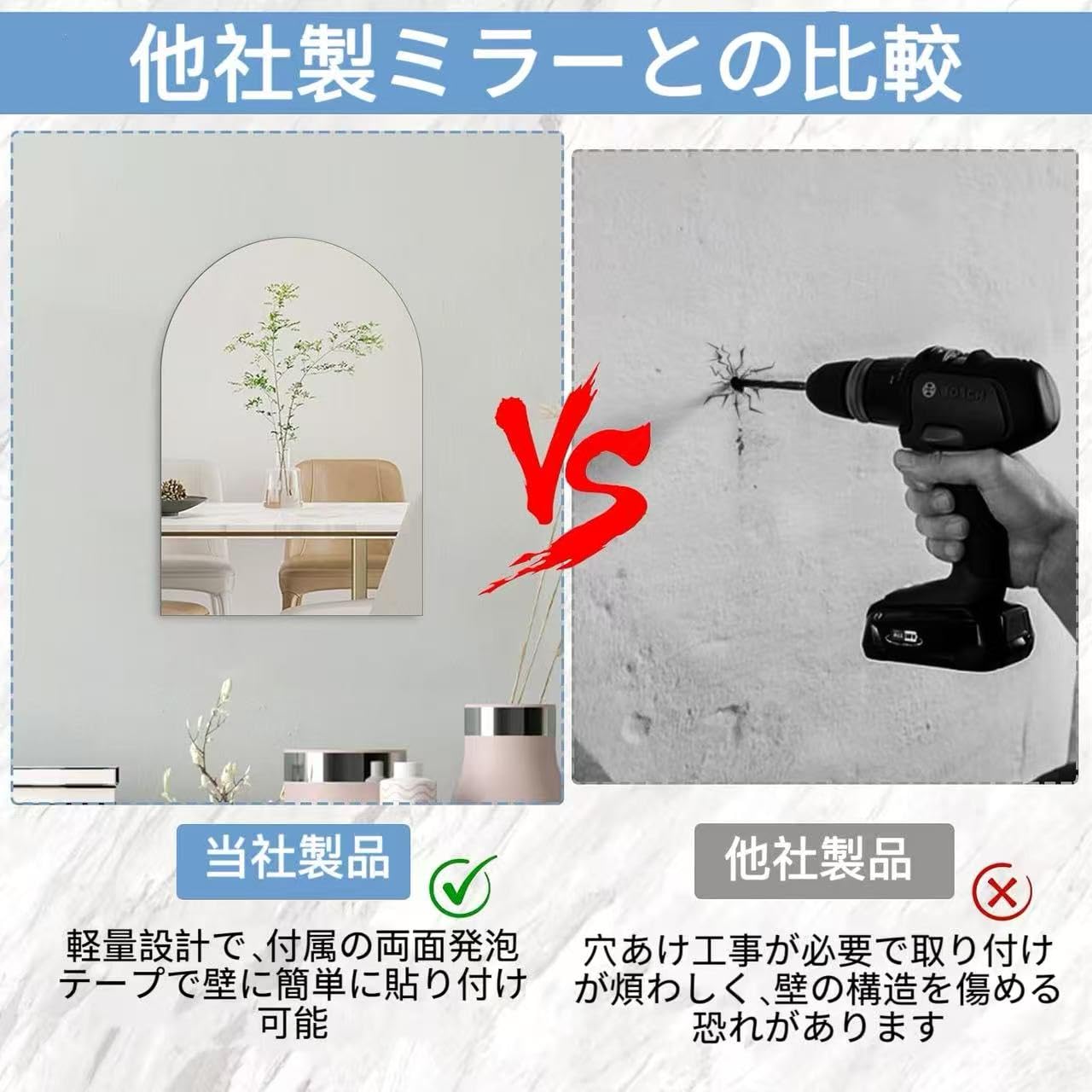 Amazon.co.jp: HBHGABIC 壁掛けミラー 40×30cm 粘着式 ミラー 壁用 自